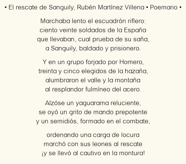 Imagen con el poema El rescate de Sanguily, por Rubén Martínez Villena