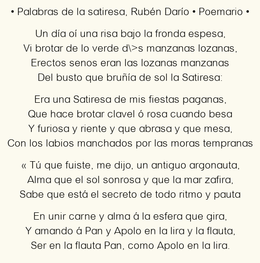 Imagen con el poema Palabras de la satiresa, por Rubén Darío