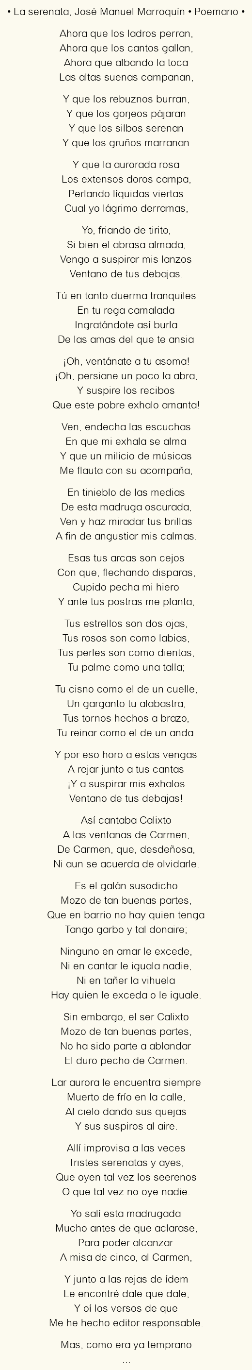 Imagen con el poema La serenata, por José Manuel Marroquín