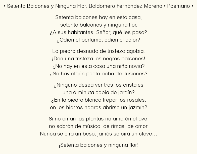 Imagen con el poema Setenta Balcones y Ninguna Flor, por Baldomero Fernández Moreno