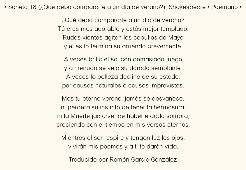 Imagen con el poema Soneto 18 (¿Qué debo compararte a un día de verano?), por Shakespeare