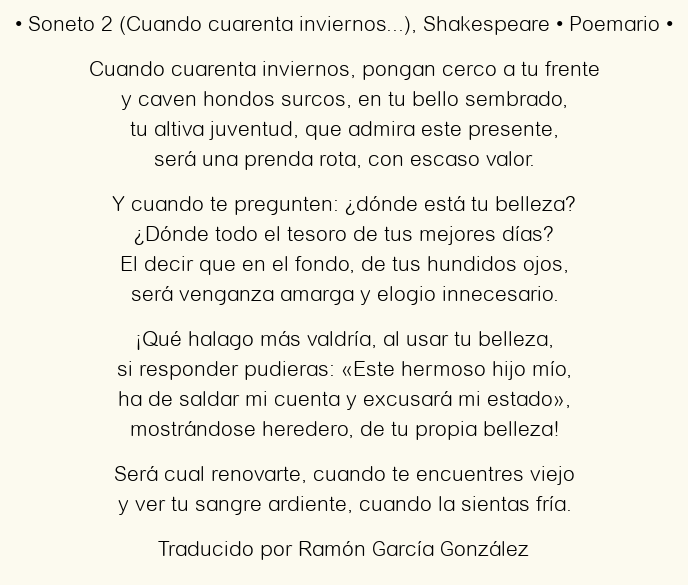 Imagen con el poema Soneto 2 (Cuando cuarenta inviernos…), por Shakespeare