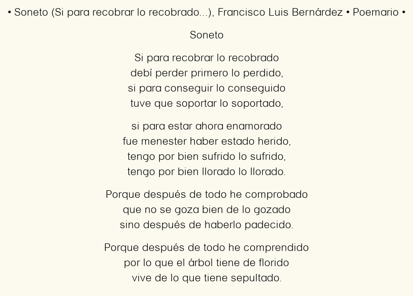 Imagen con el poema Soneto (Si para recobrar lo recobrado…), por Francisco Luis Bernárdez