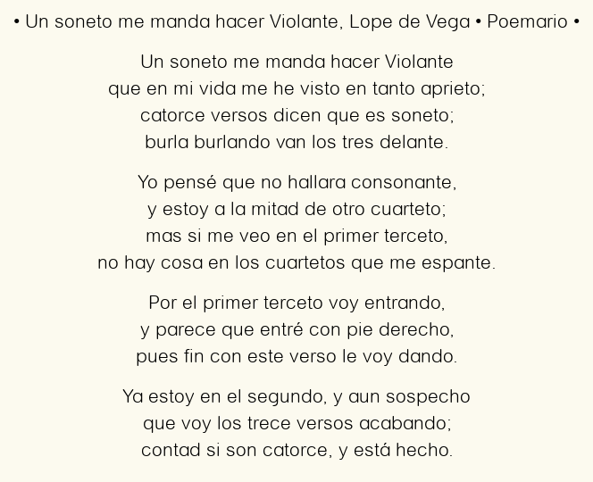 Imagen con el poema Un soneto me manda hacer Violante, por Lope de Vega