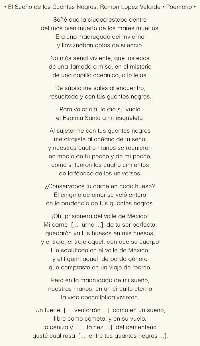 Imagen con el poema El Sueño de los Guantes Negros, por Ramon Lopez Velarde