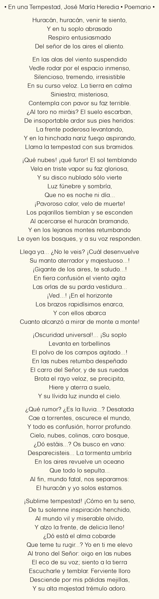 Imagen con el poema En una Tempestad, por José María Heredia