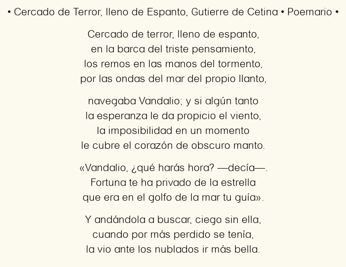 Imagen con el poema Cercado de Terror, lleno de Espanto, por Gutierre de Cetina