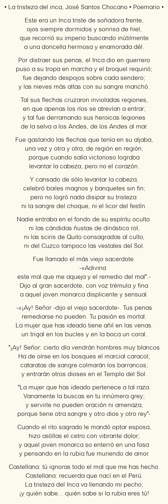 Imagen con el poema La tristeza del inca, por José Santos Chocano