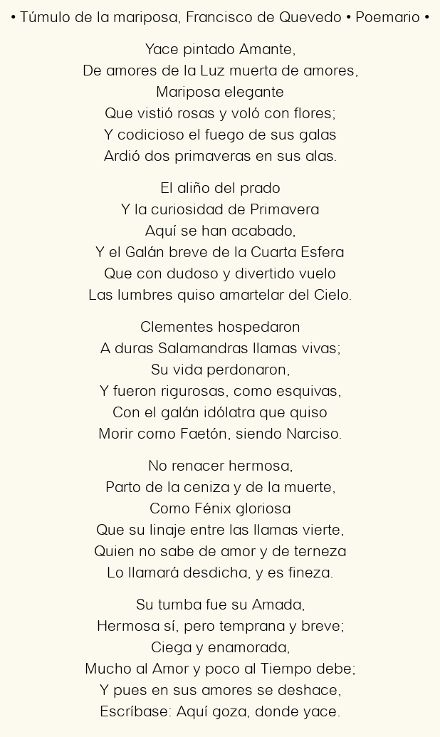 Imagen con el poema Túmulo de la mariposa, por Francisco de Quevedo