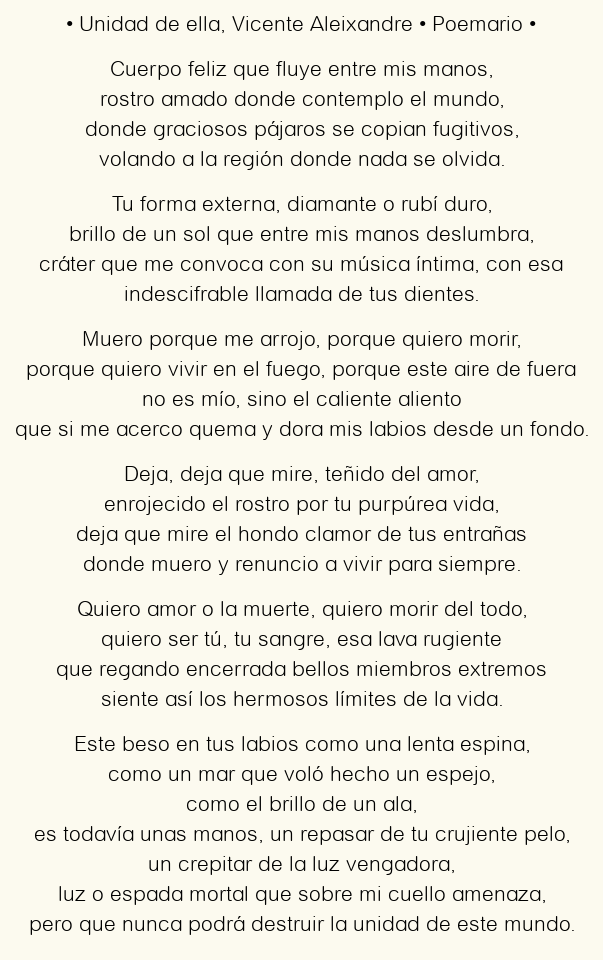 Imagen con el poema Unidad de ella, por Vicente Aleixandre