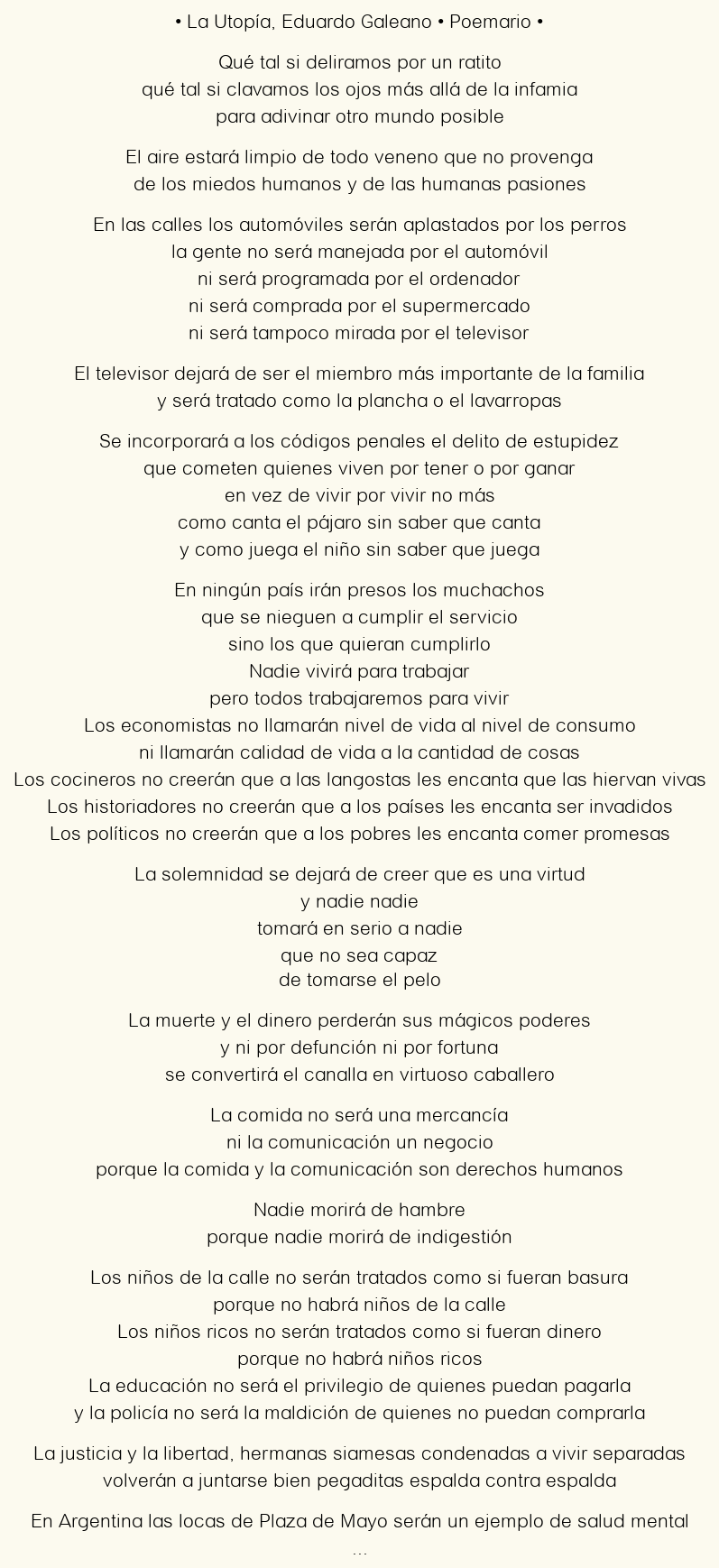 Imagen con el poema La Utopía, por Eduardo Galeano