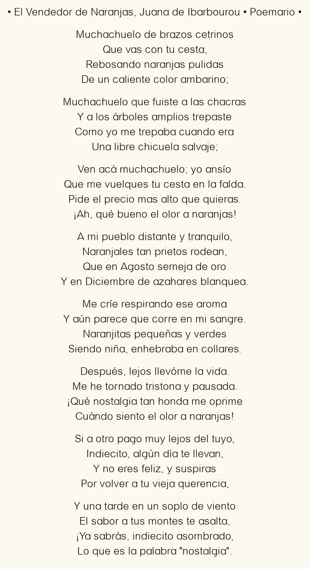 Imagen con el poema El Vendedor de Naranjas, por Juana de Ibarbourou