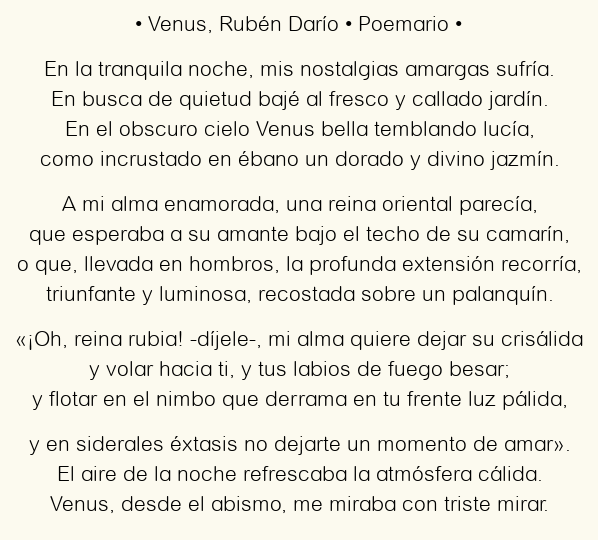 Imagen con el poema Venus, por Rubén Darío