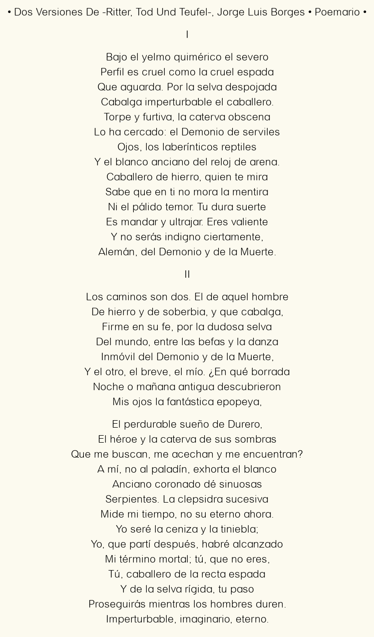 Imagen con el poema Dos versiones de -Ritter, Tod und Teufel-, por Jorge Luis Borges