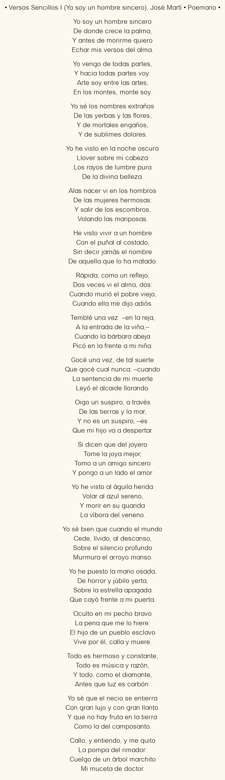 Imagen con el poema Versos Sencillos I (Yo soy un hombre sincero), por José Martí