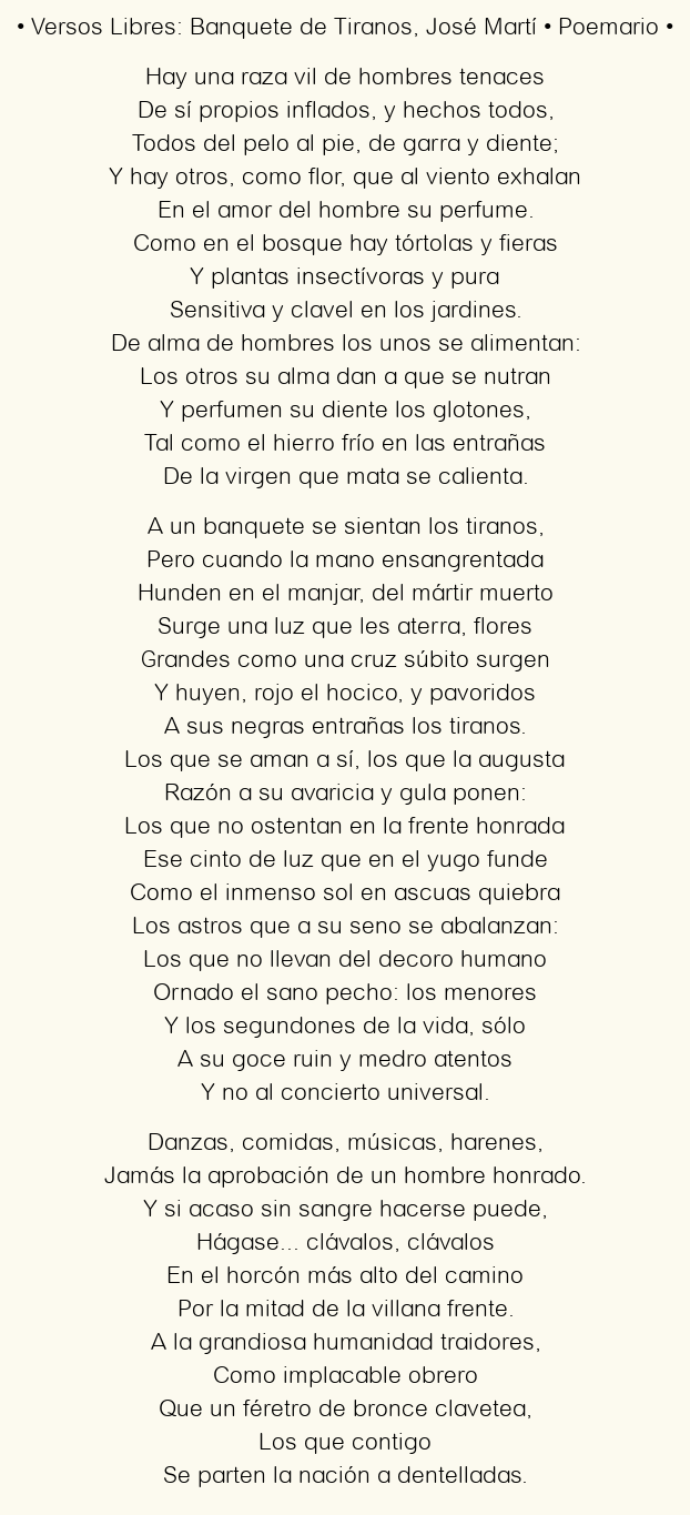 Imagen con el poema Versos Libres: Banquete de Tiranos, por José Martí