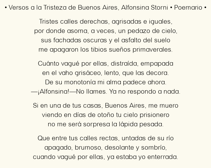 Imagen con el poema Versos a la Tristeza de Buenos Aires, por Alfonsina Storni