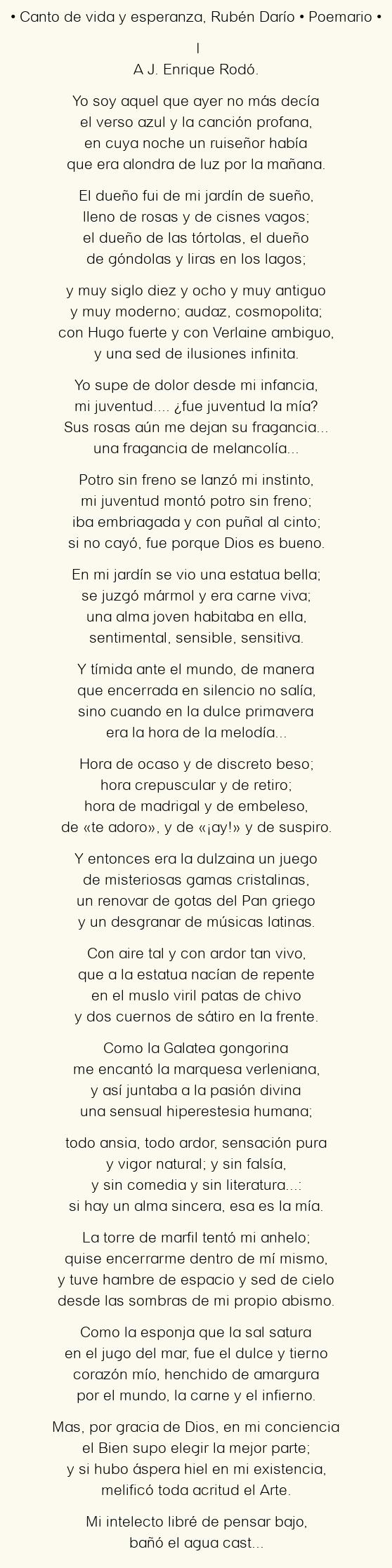 Imagen con el poema Canto de vida y esperanza, por Rubén Darío