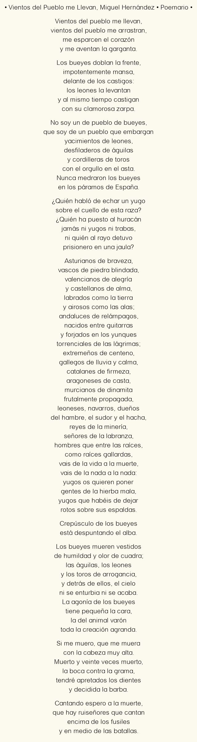 Imagen con el poema Vientos del Pueblo me Llevan, por Miguel Hernández