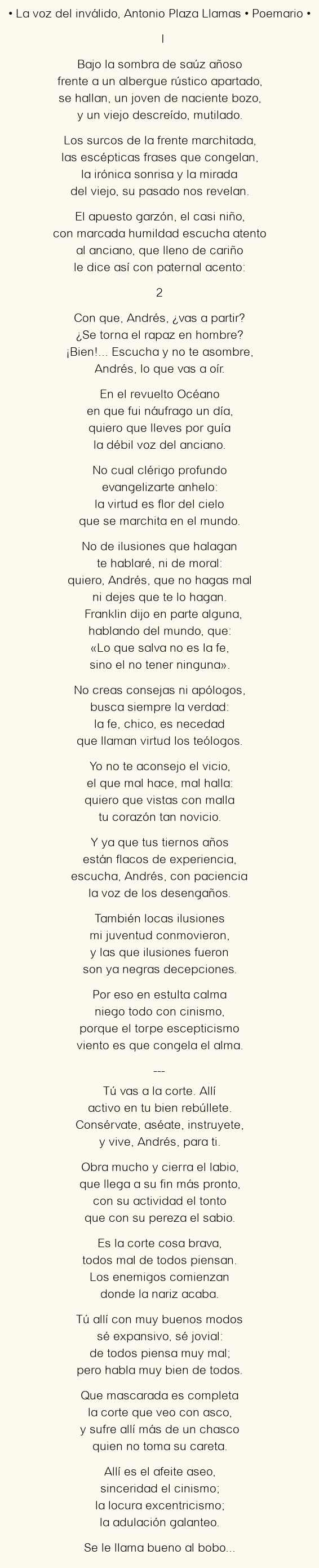 Imagen con el poema La voz del inválido, por Antonio Plaza Llamas