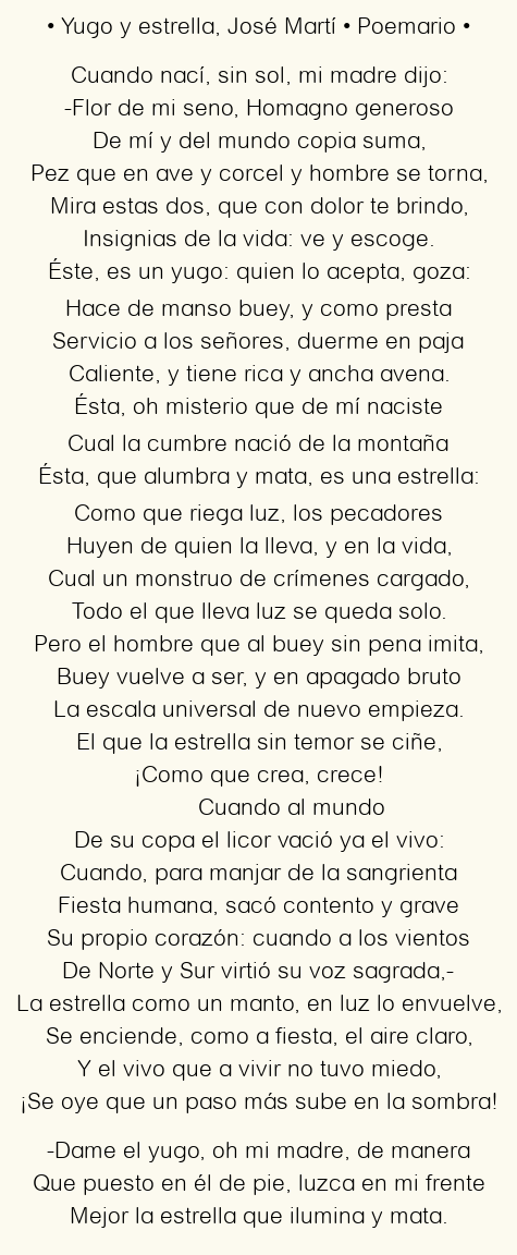 Imagen con el poema Yugo y estrella, por José Martí